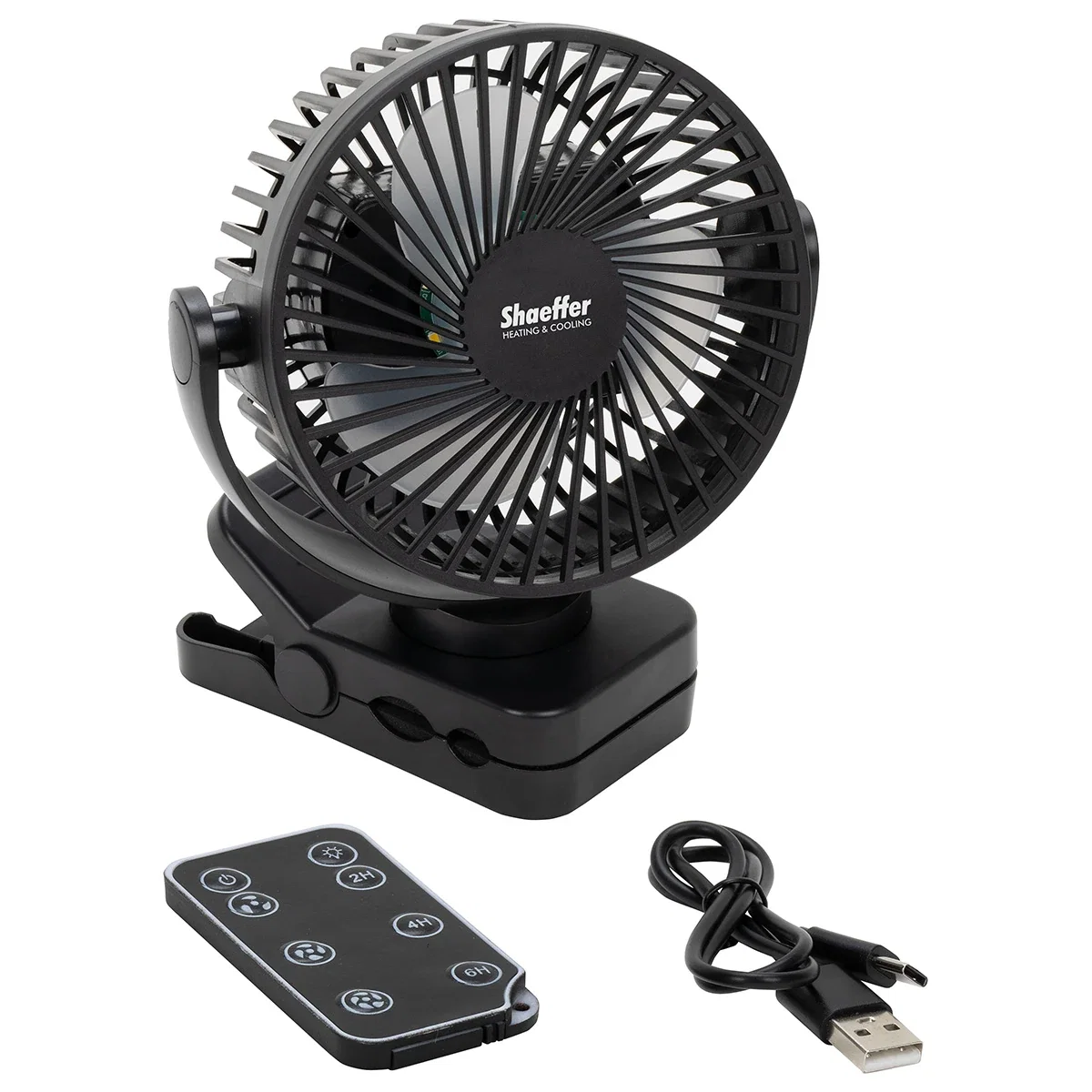 Branded Zephyr Clip Fan clipped to a desk edge, promotional fan in use