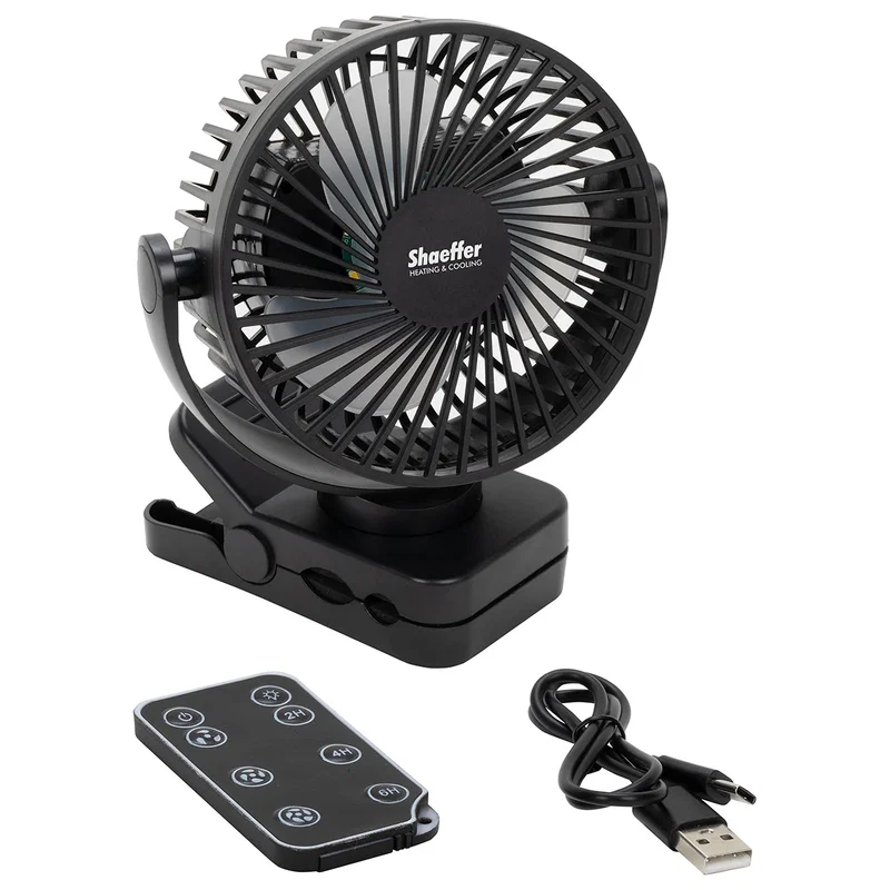Branded Zephyr Clip Fan clipped to a desk edge, promotional fan in use