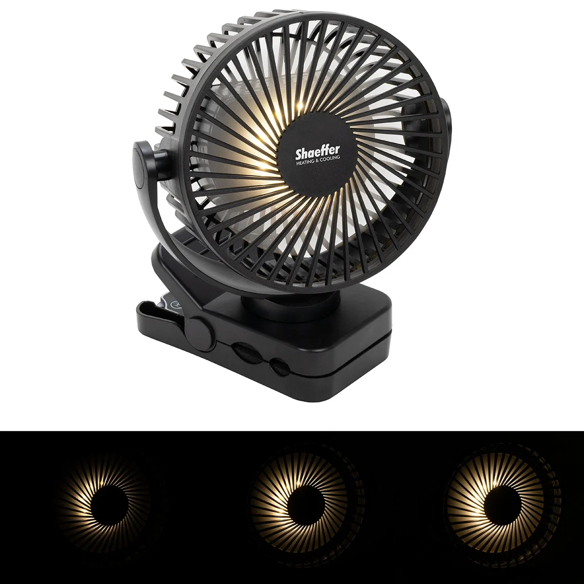 Close-up of the custom Zephyr Clip Fan's light and remote control buttons
