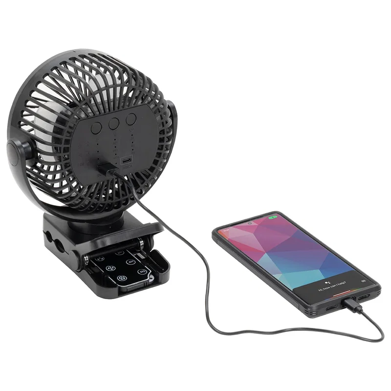 Branded Zephyr Clip Fan powering a smartphone via its built-in power bank