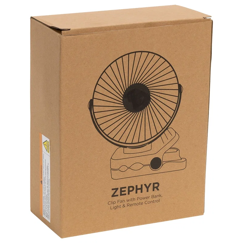 Custom Zephyr Clip Fan with Power Bank, Light & Remote Control shown in its retail packaging