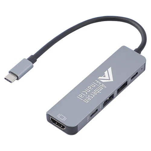 Custom branded Zing USB-C 5-port hub with HDMI, front view of promotional USB-C adapter