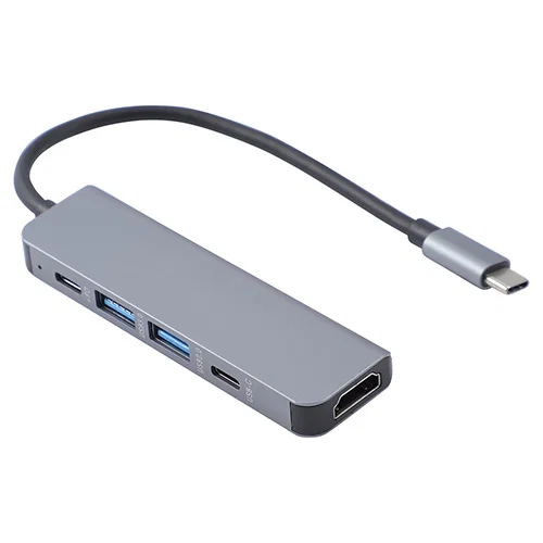 Promotional Zing USB-C hub connected to a laptop, custom branded 5-port HDMI adapter in use