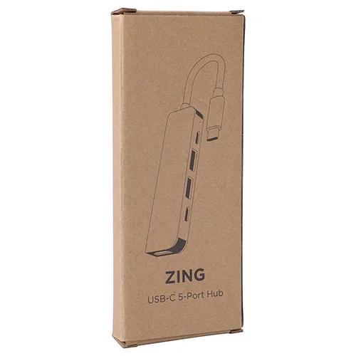 Branded Zing USB-C 5-port hub, close-up of custom promotional HDMI and data ports detail