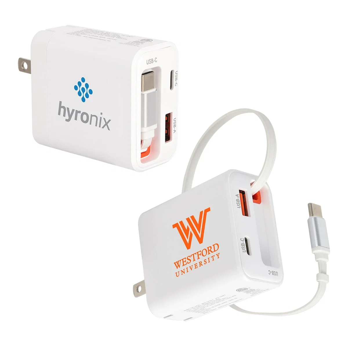 Zip wall charger with USB-C and USB-A ports, foldable plug, and built-in retractable USB-C cable