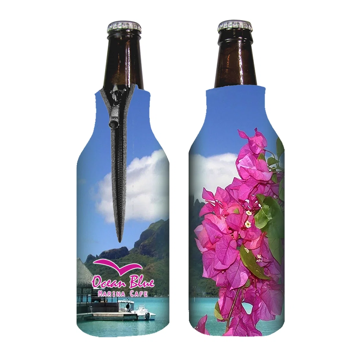 Zippered bottle coolie sleeve standing seven inches tall