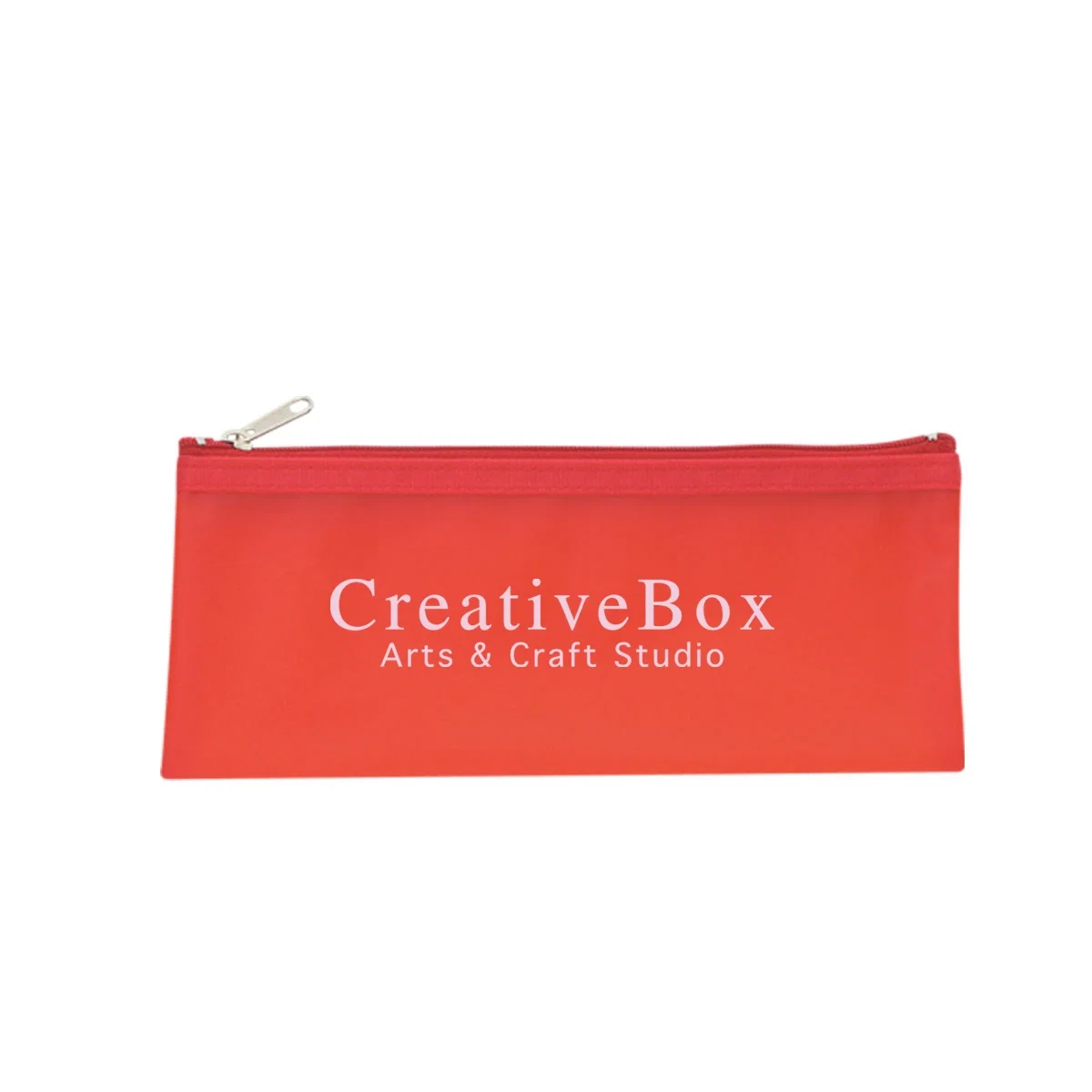 Frosted blue pouch with the zipper pulled closed