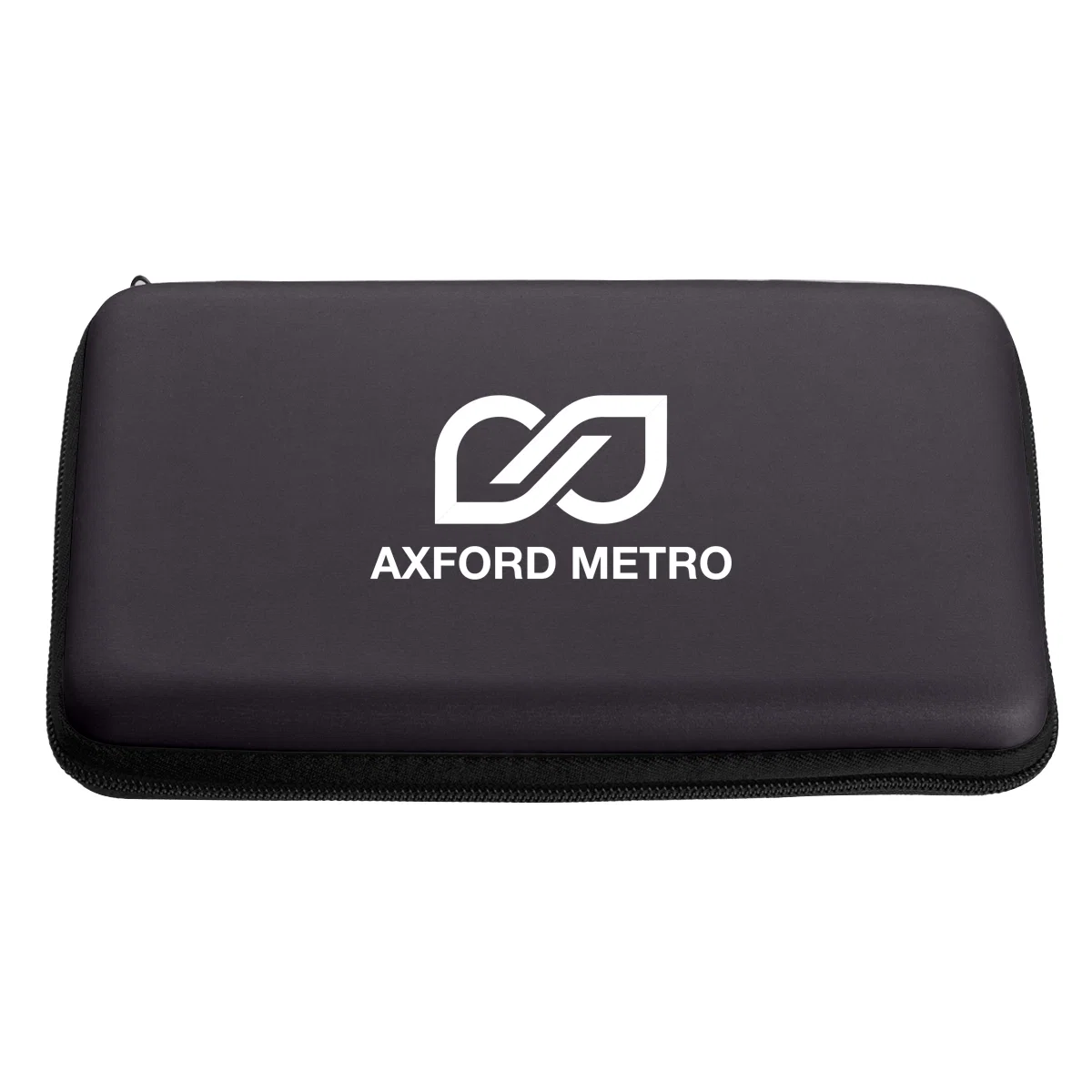 Black travel case zipped shut and photographed from the front