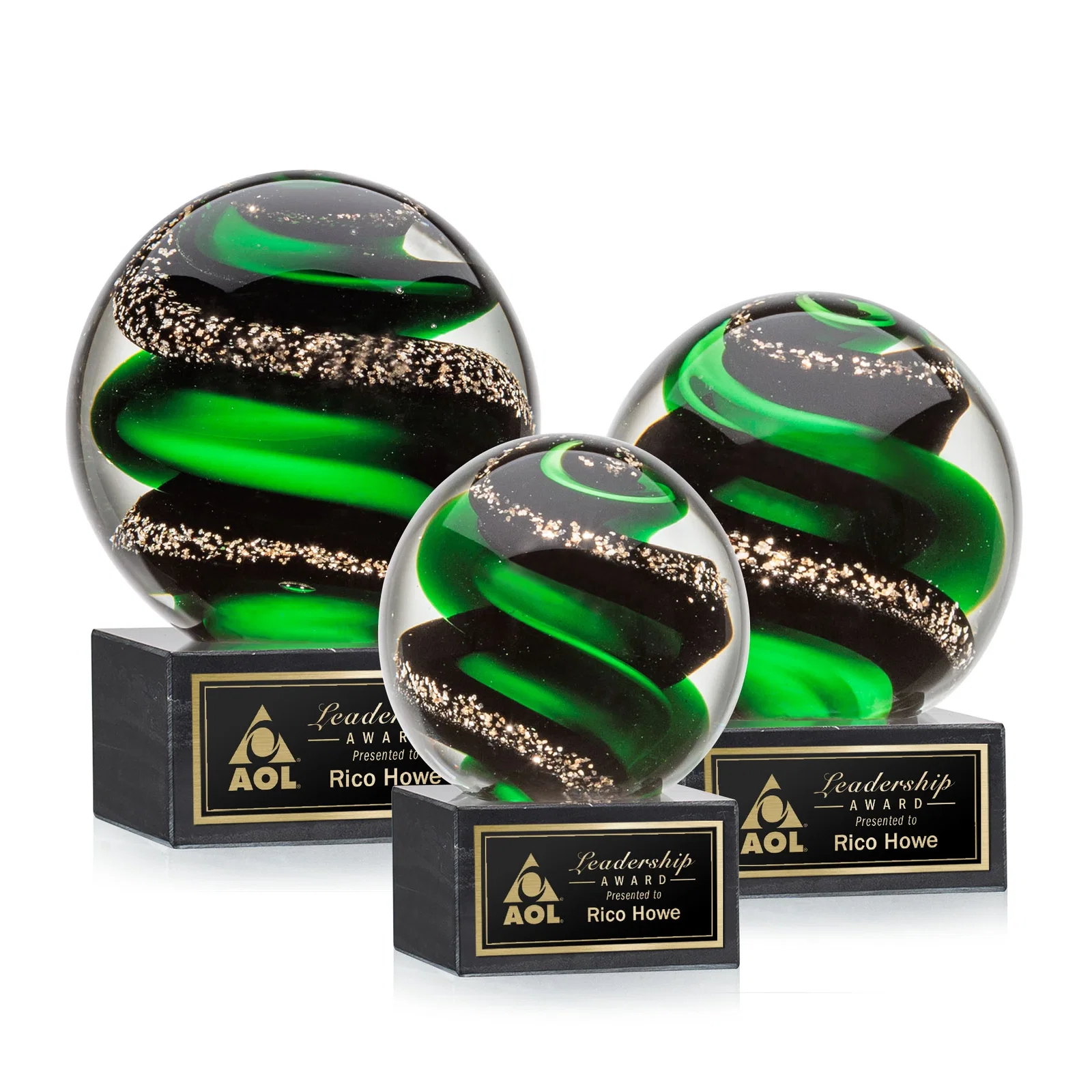 Custom Glass Sphere Award With Twisting Emerald Ribbons, marble for employee recognition