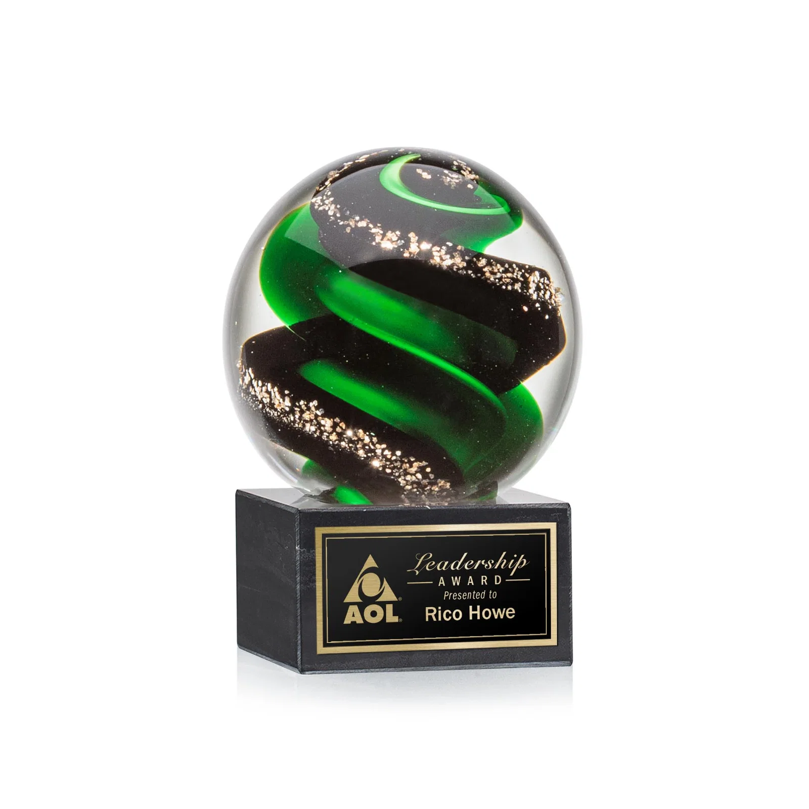 Custom Glass Sphere Award With Twisting Emerald Ribbons, marble for corporate award ceremonies