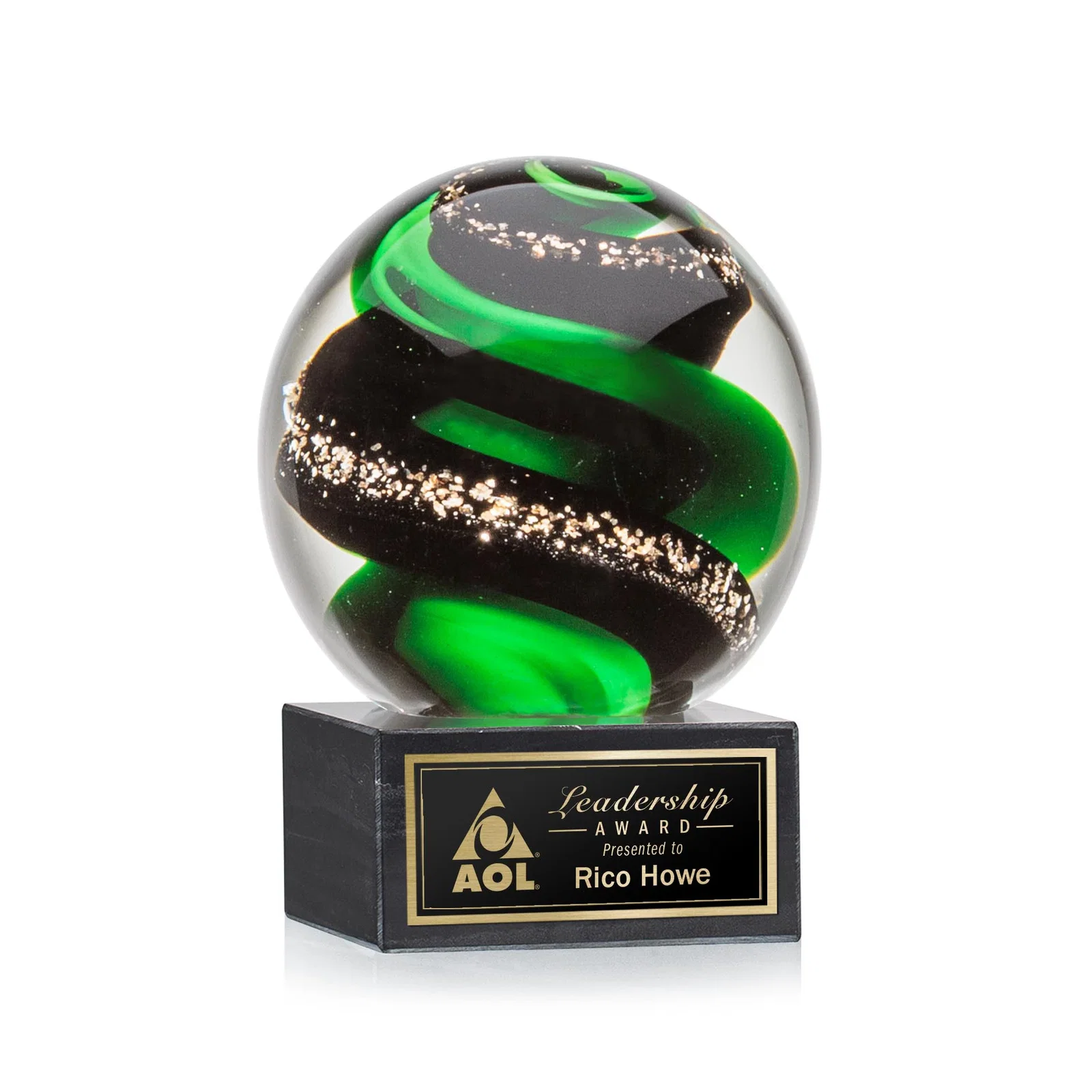 Custom Glass Sphere Award With Twisting Emerald Ribbons, marble for service anniversary gifts
