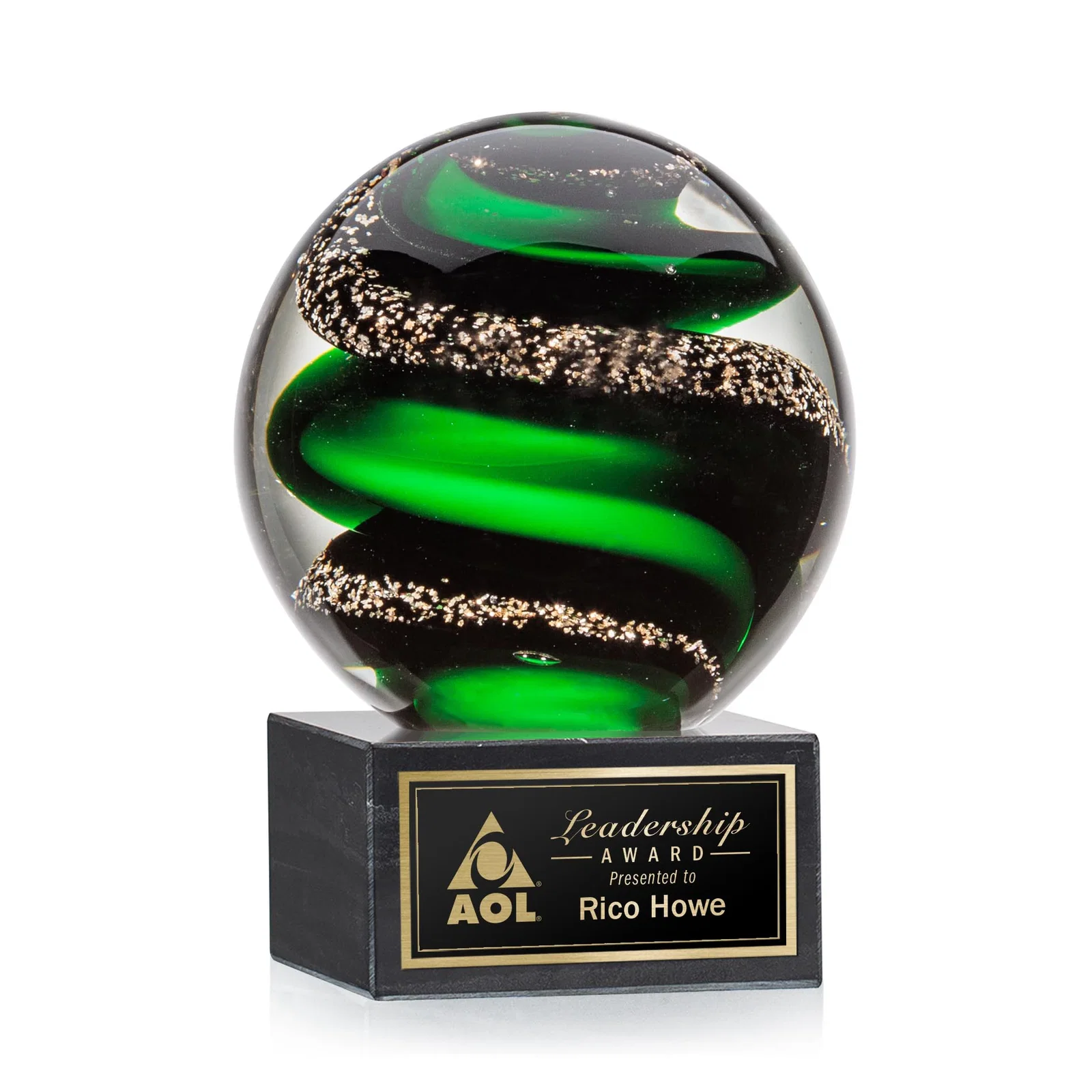 Custom Glass Sphere Award With Twisting Emerald Ribbons, marble for sales achievement awards