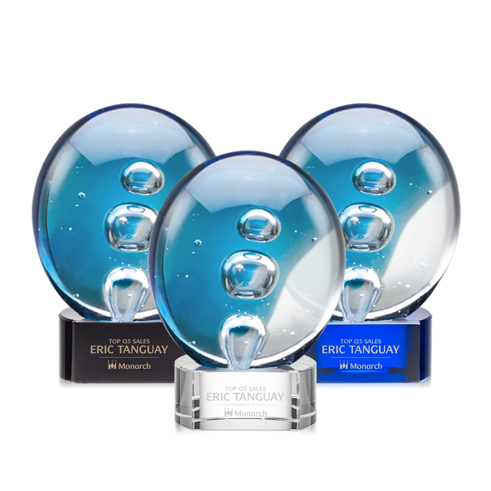 Custom Glass Disc Award With Colorfill on Blue or Black Base for employee recognition