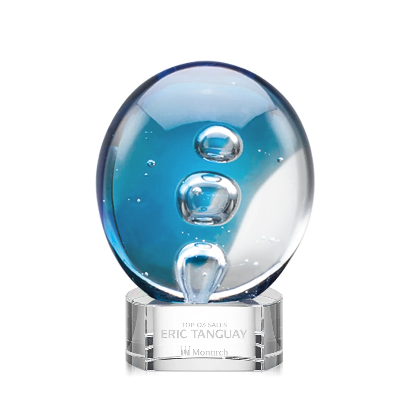 Custom Glass Disc Award With Colorfill on Blue or Black Base for sales achievement awards