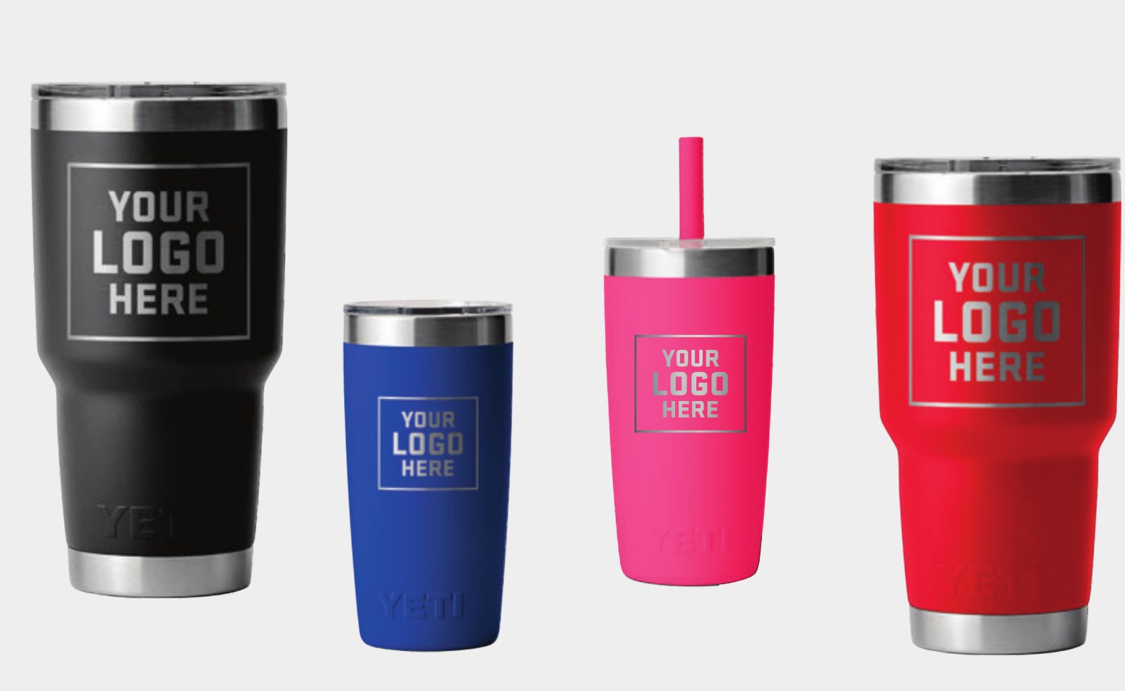 Four YETI Rambler tumblers engraved with a YOUR LOGO HERE placeholder