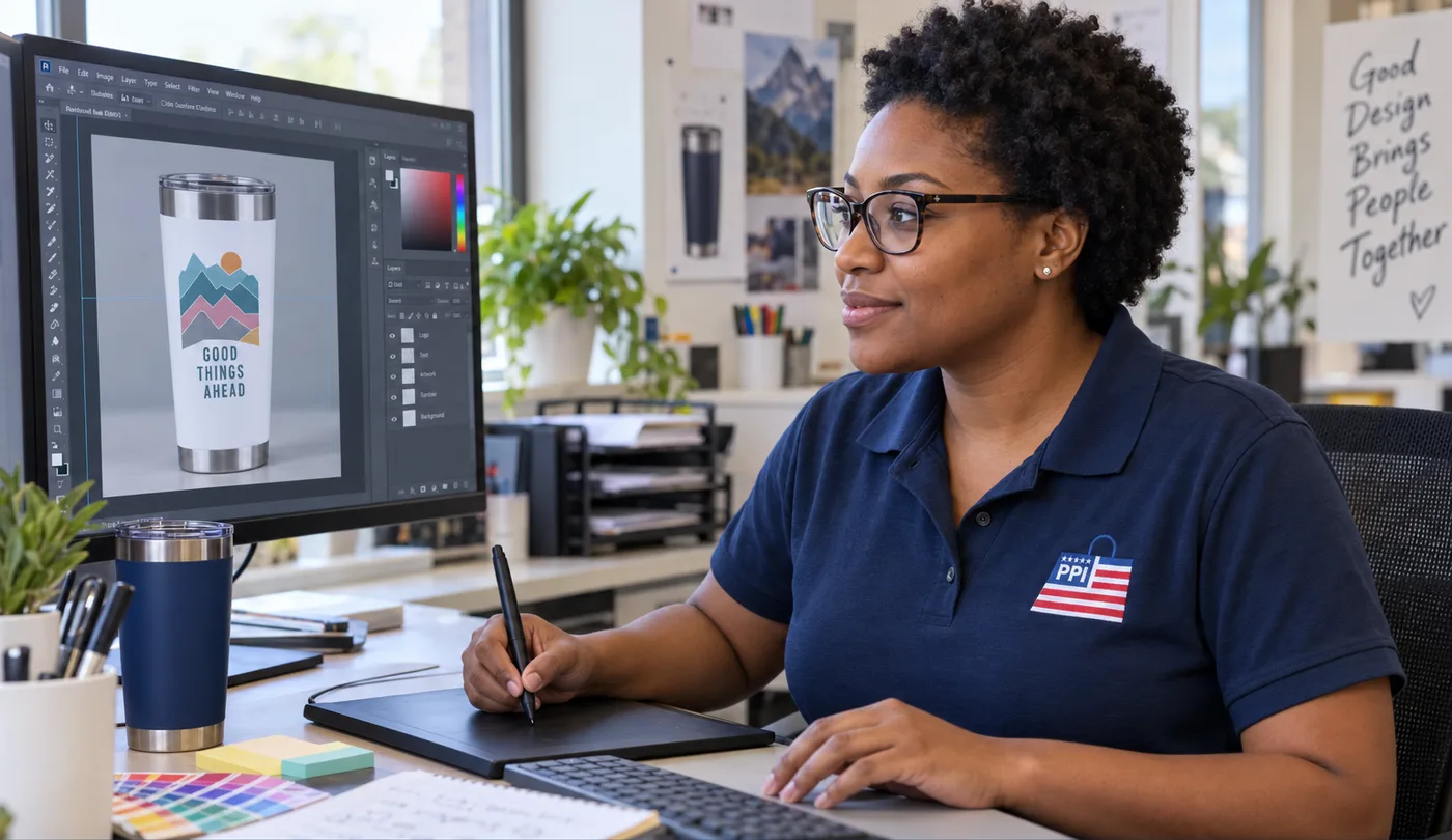 Sarah Mitchell, Senior Graphic Designer at Promotional Product Inc, setting a customer's logo on a custom insulated tumbler proof, with a brand color swatch fan on the desk